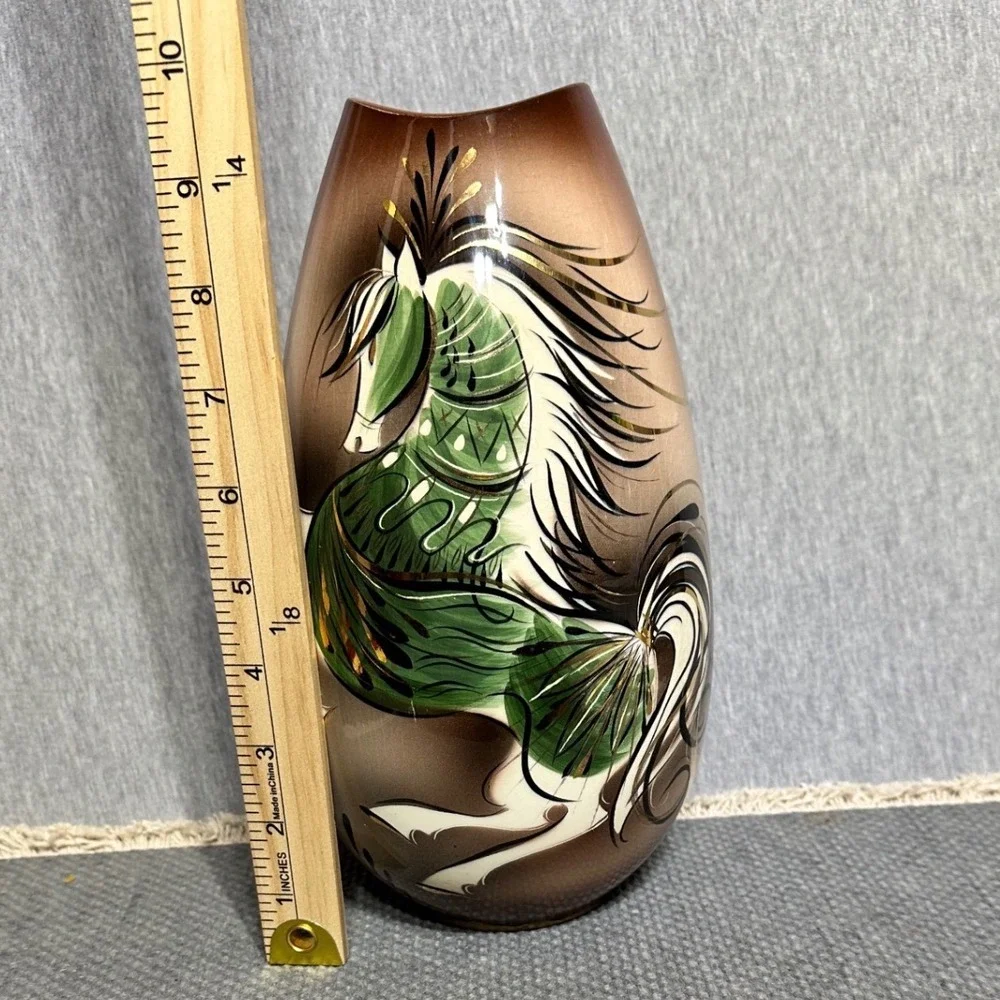 Vintage L. Scott Signed Ceramic Horse Vase Brown Green Gold Hand Painted 9.5